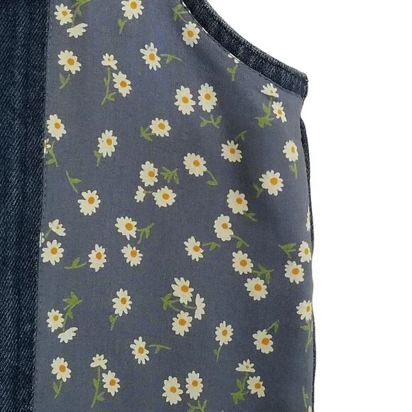 Vintage Women's L Denim Vest Patchwork Daisy Gingham Plaid Flap Pockets Cottage - Picture 4 of 5